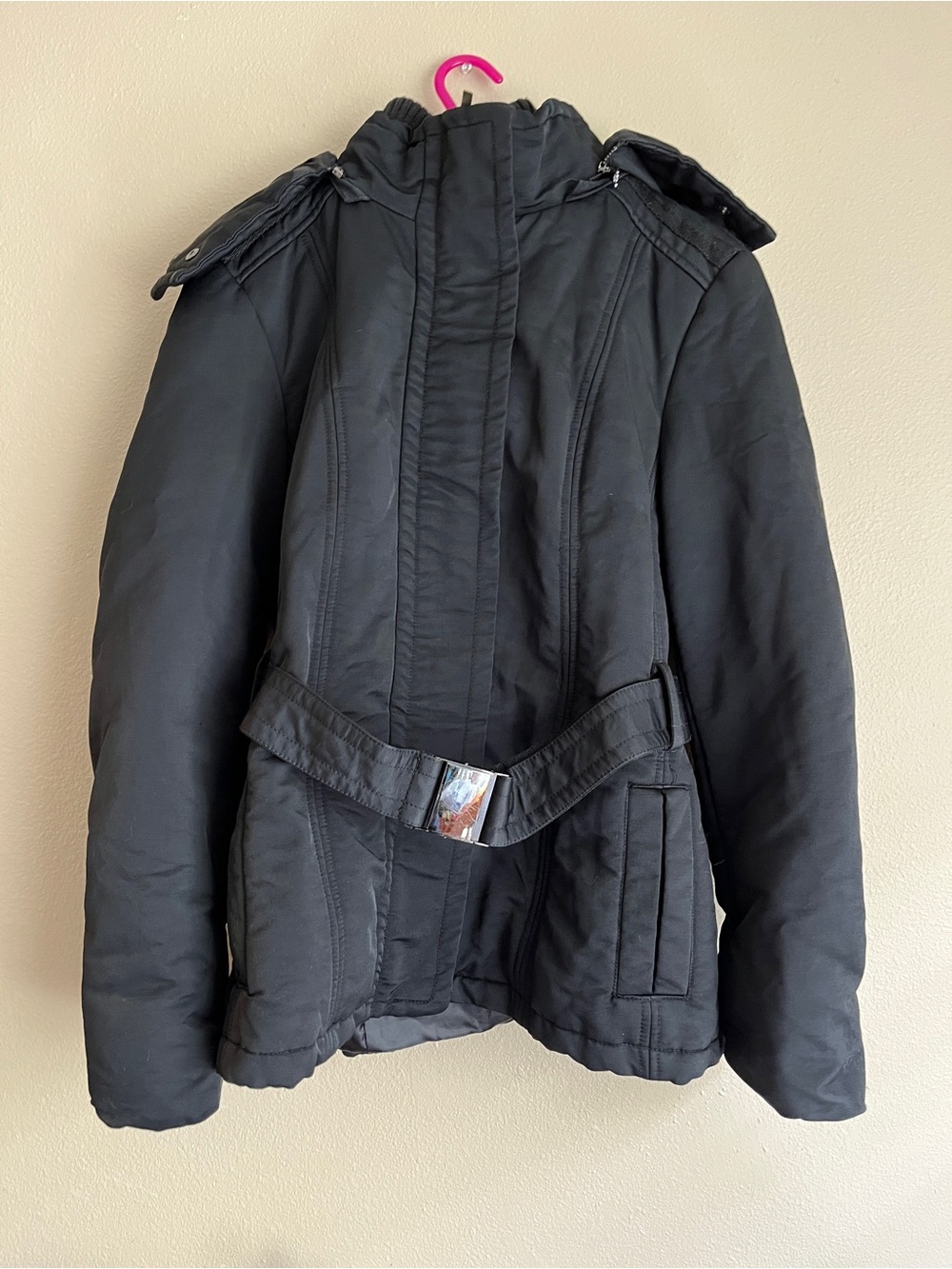 Zara Basic Women’s Black Hooded Belted Zip Heavy Coat Jacket Regular XL